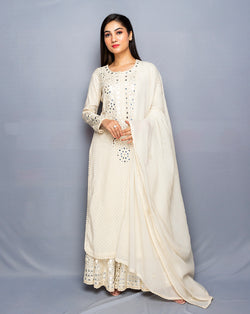 Off-White Cotton Mirror work kurta and Skirt Set