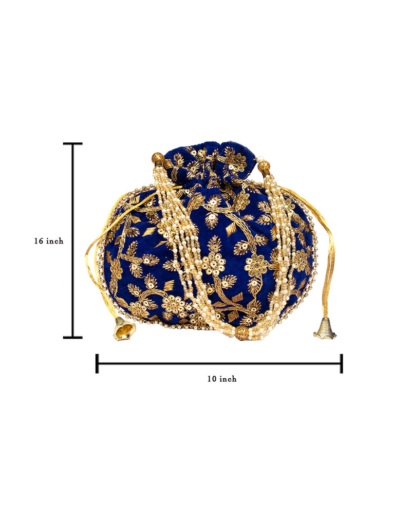 Blue Handmade Embroidered Potli with Pearl hanging