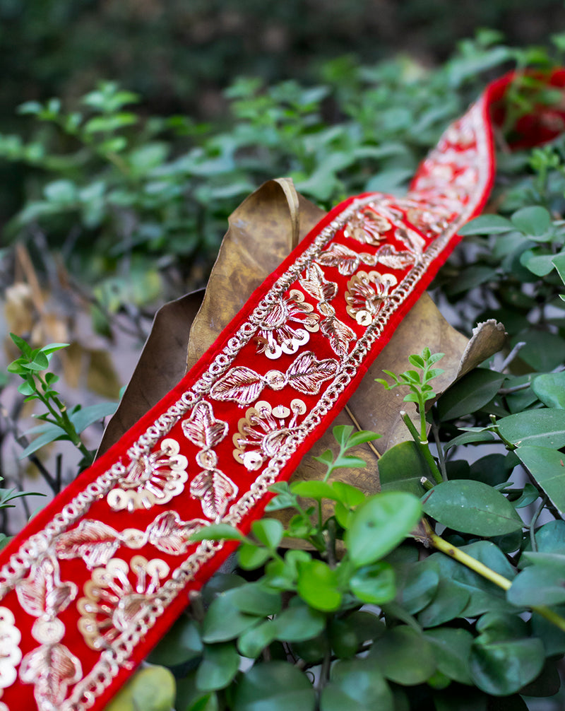 Designer Red Velvet Sequins Embroidery Lace