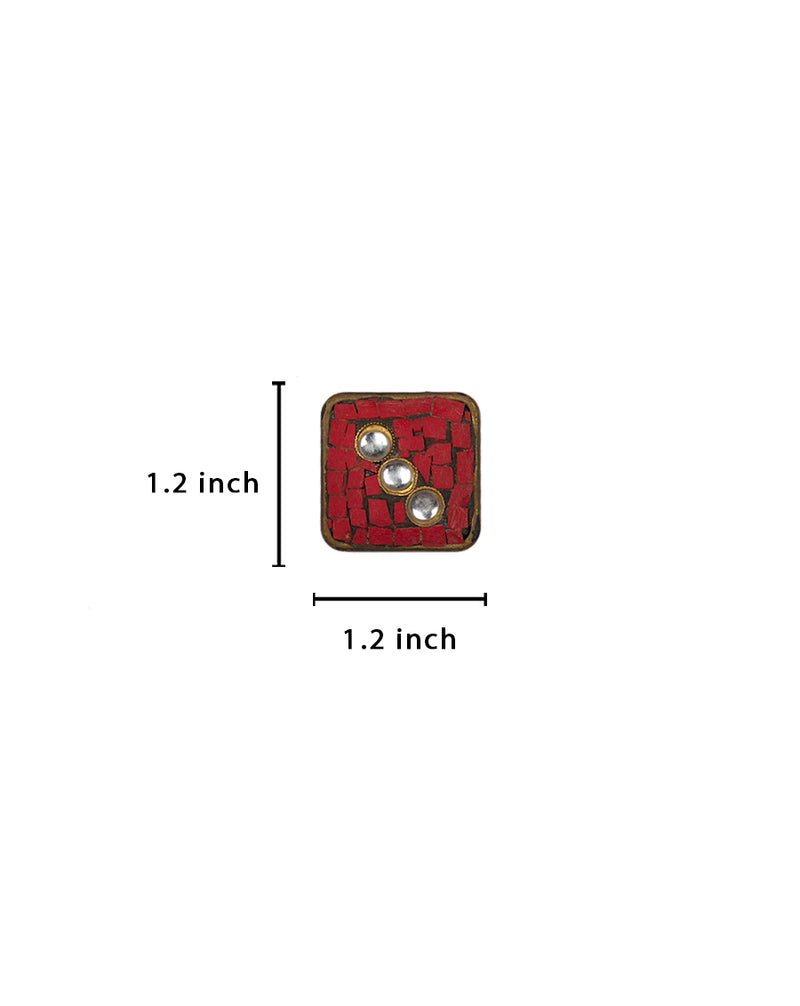Designer square Tibetan style metal buttons with stone embellishments-Red