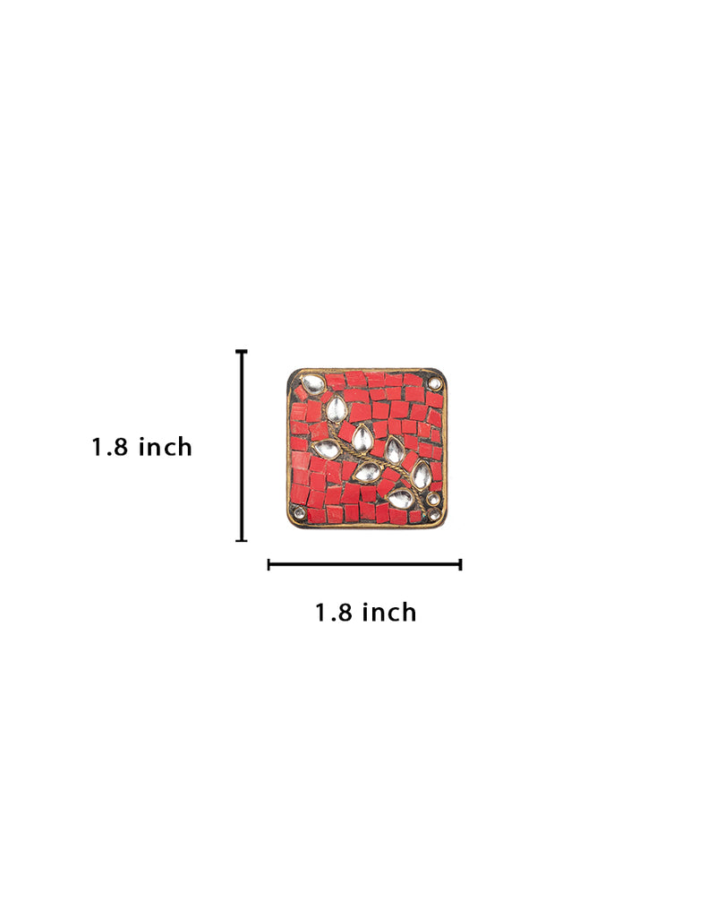 Designer square tibetan style metal buttons with stone embellishments-Red