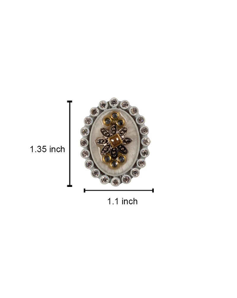 Oval Designer metal and rhinestone embellished button-White