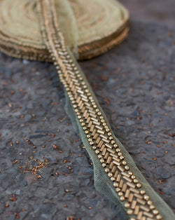 Designer Handwork Bugle Bead Embroidery Lace-Golden