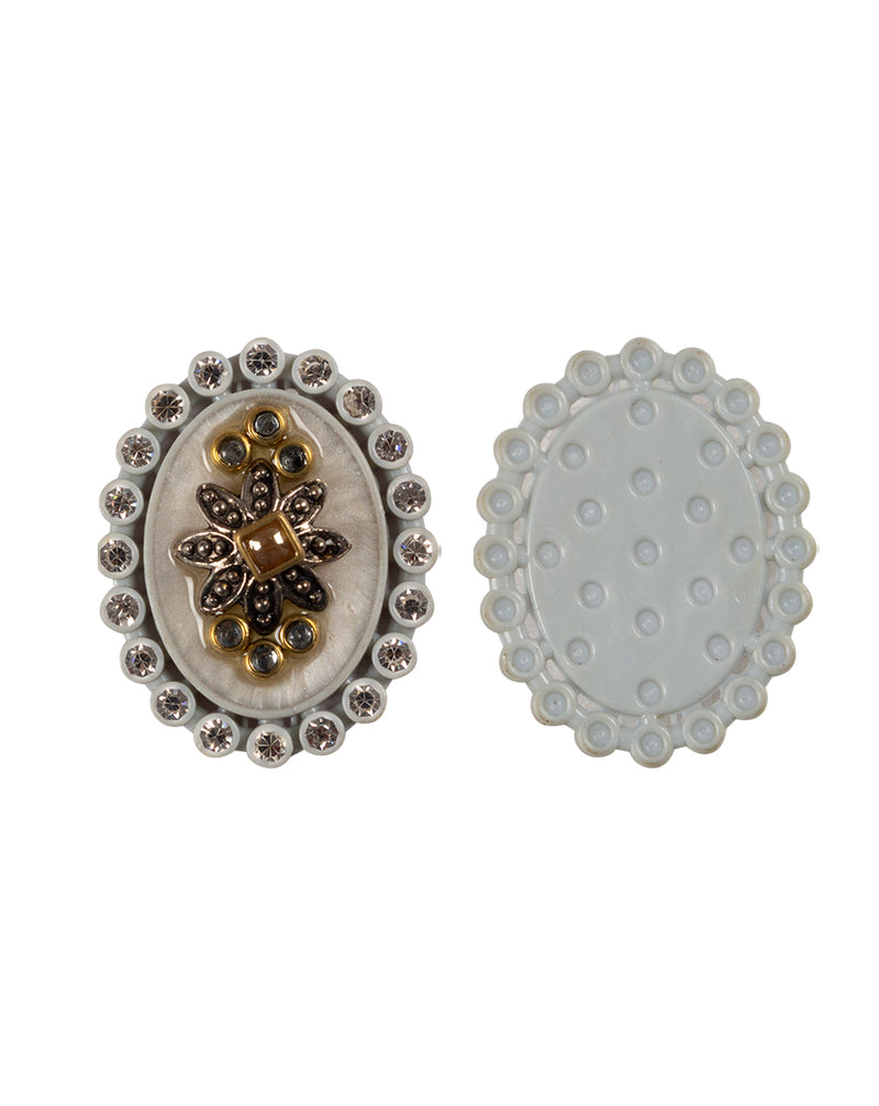 Oval Designer metal and rhinestone embellished button-White