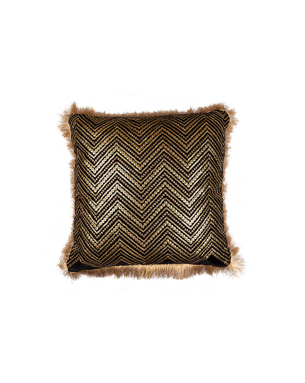 Velvet Sequins Cushion Cover with Golden Fringe Lace