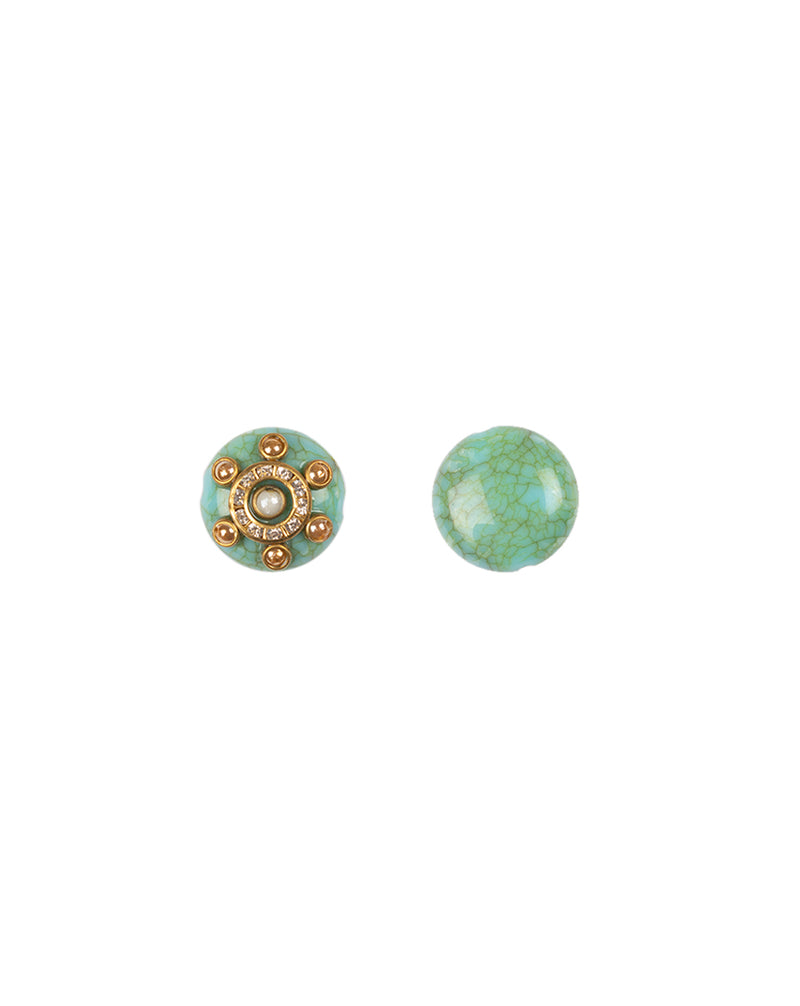 Green coloured metal, kundan and pearl stones embellished Designer button