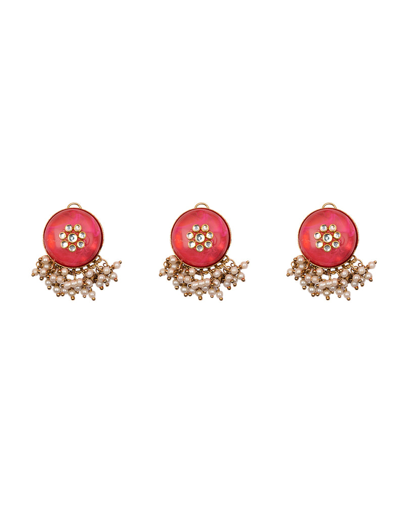 Designer kundan metal button with pearl hanging-Pink
