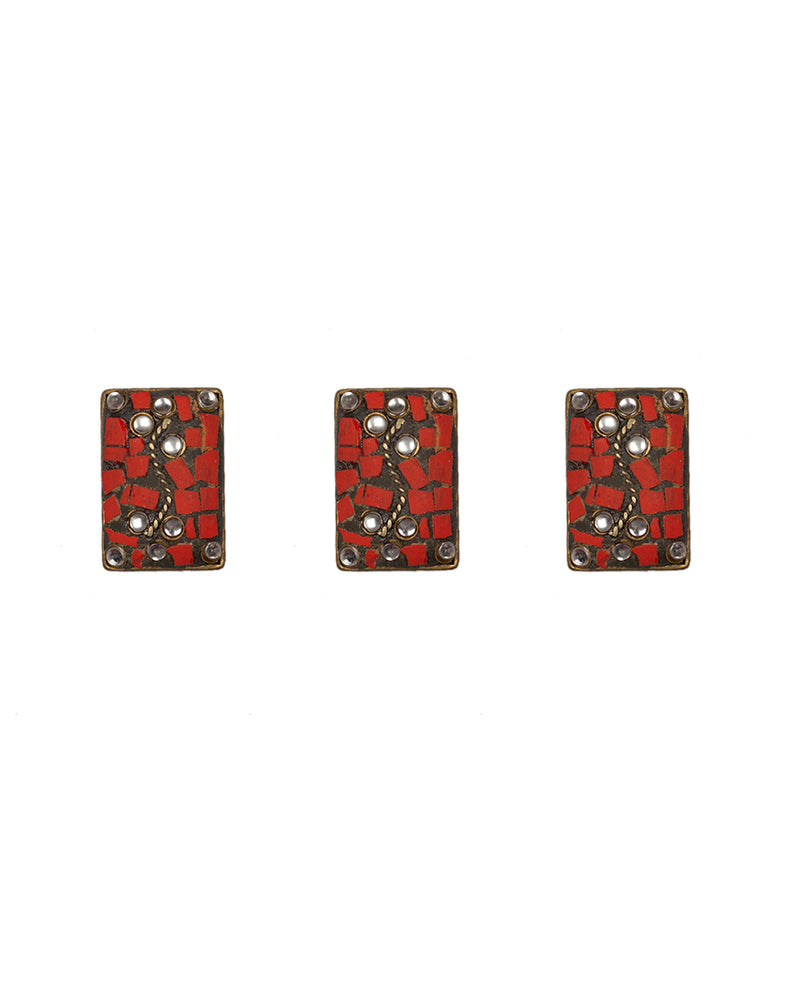 Designer Tibetan style metal rectangle buttons with cut work embellishments-Red