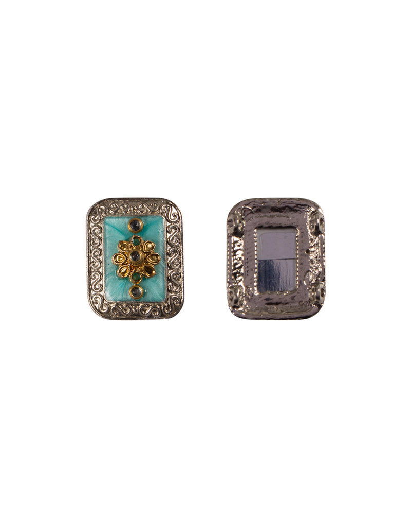 Square Metal Button with kundan inserts-Blue