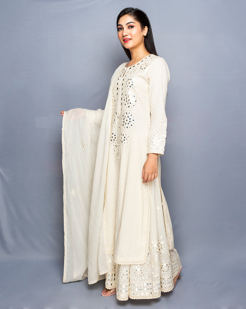 Off-White Cotton Mirror work kurta and Skirt Set