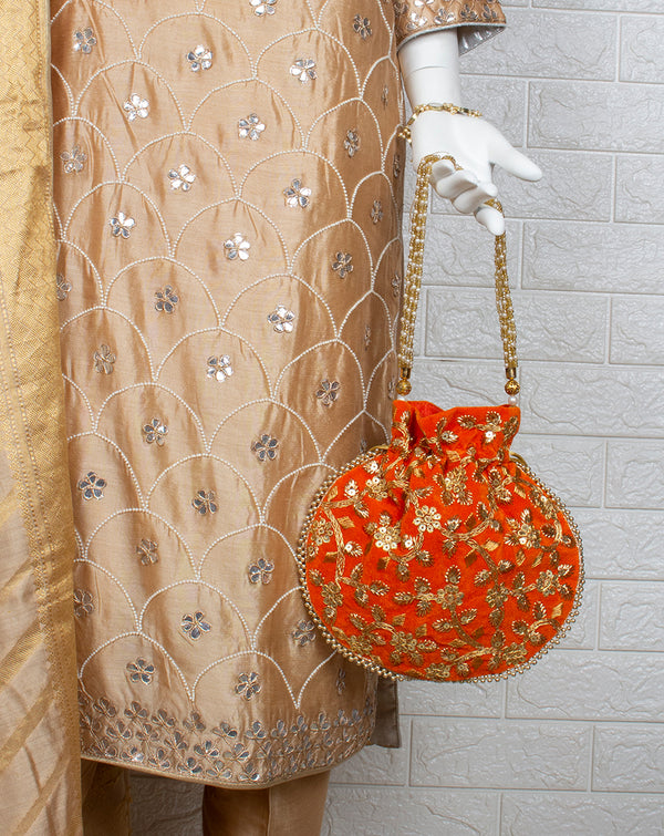 Orange Handmade Embroidered Potli with Pearl hanging
