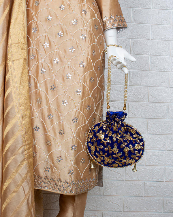Blue Handmade Embroidered Potli with Pearl hanging