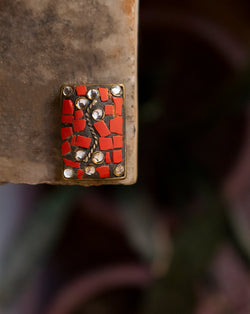 Designer Tibetan style metal rectangle buttons with cut work embellishments-Red