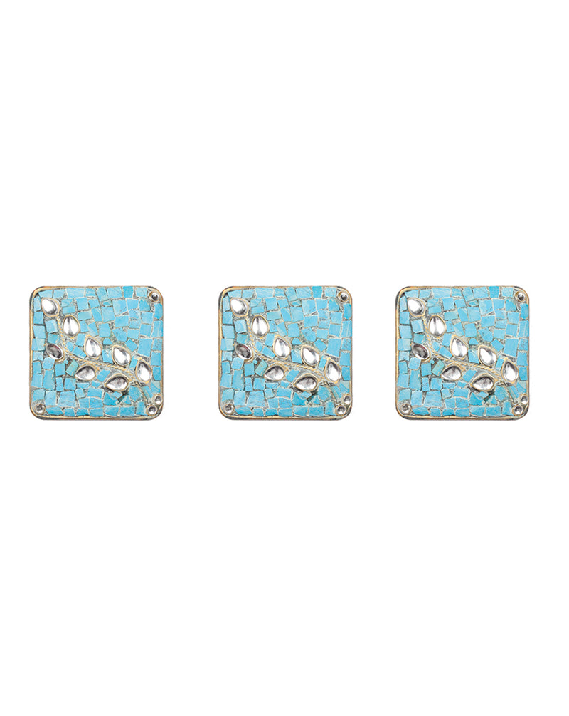 Designer square tibetan style metal buttons with stone embellishments-Light Blue
