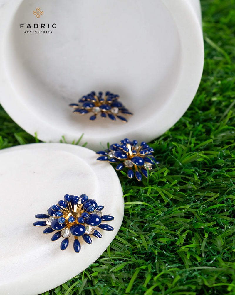 Designer floral  metal buttons decorated with rhinestones-Dark Blue